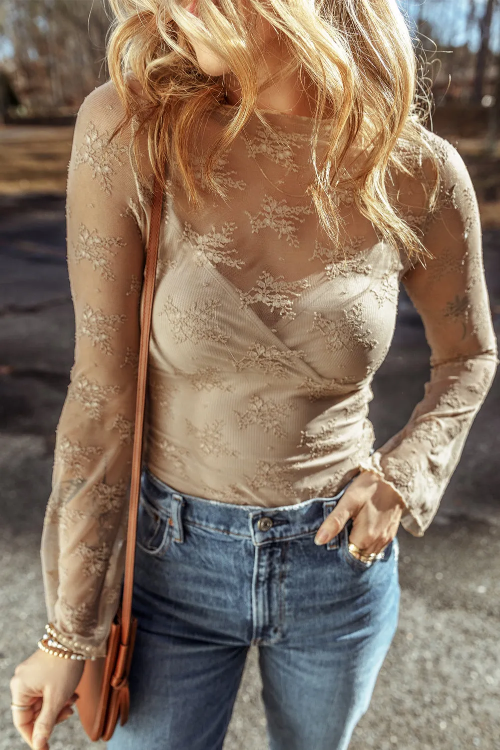Elegant Lace Mesh Crochet Splicing Slim Fit Long Sleeve Blouse