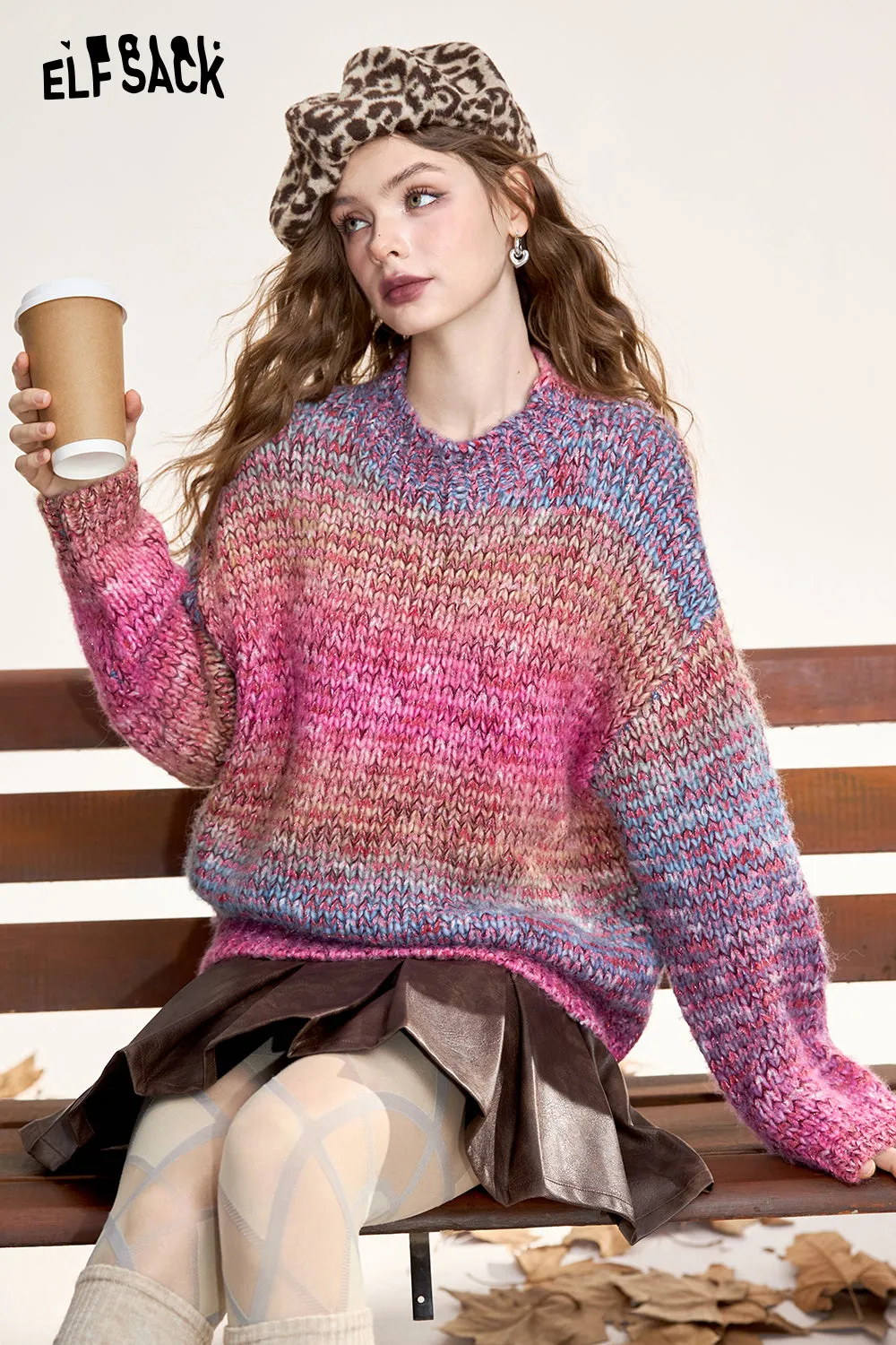 ELFSACK 2024 Winter New Arrivals Women's colorful gradient sweater, loose, sweet and soft