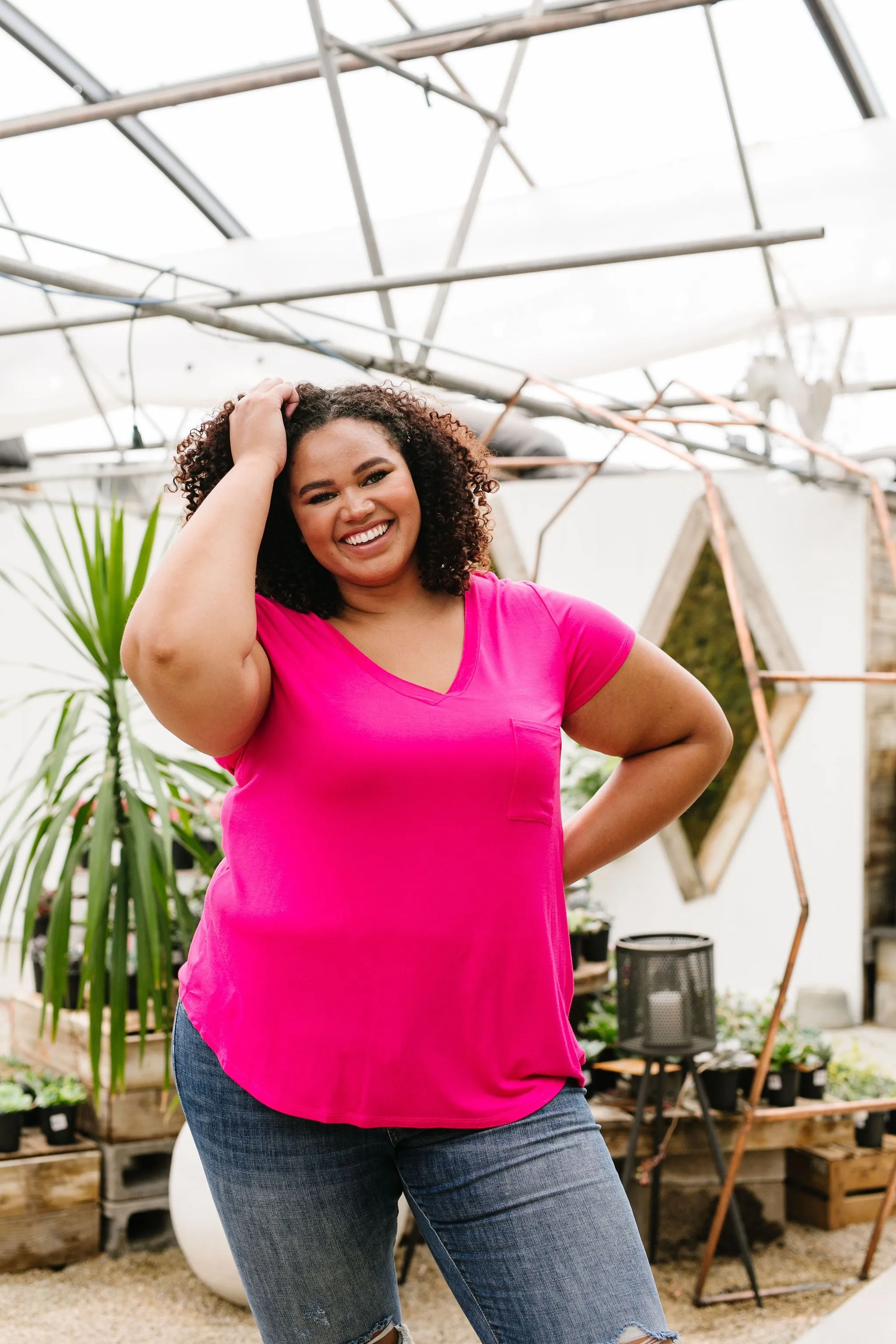 Everyday Yay V-Neck Tee In Fuchsia
