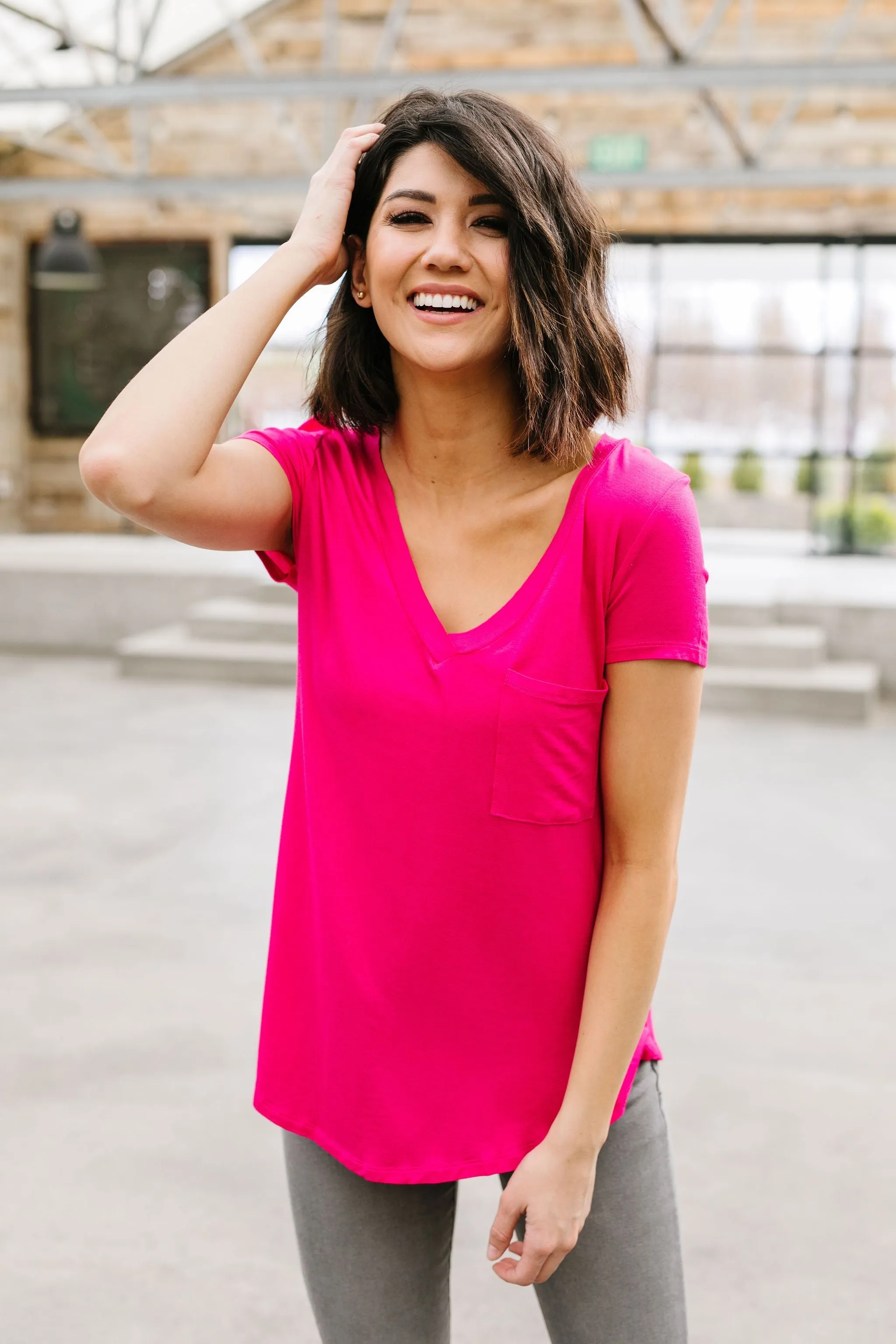 Everyday Yay V-Neck Tee In Fuchsia