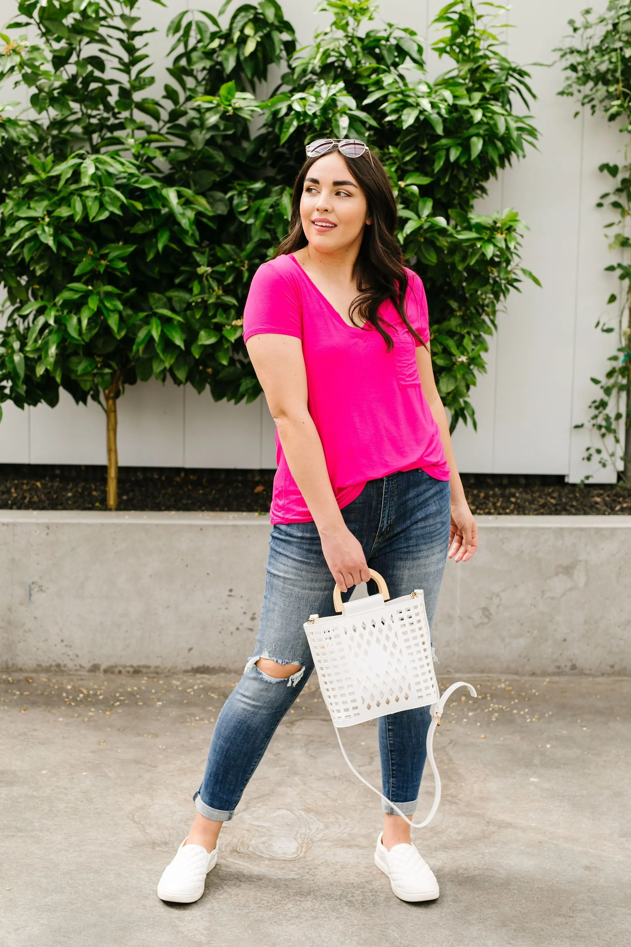 Everyday Yay V-Neck Tee In Fuchsia