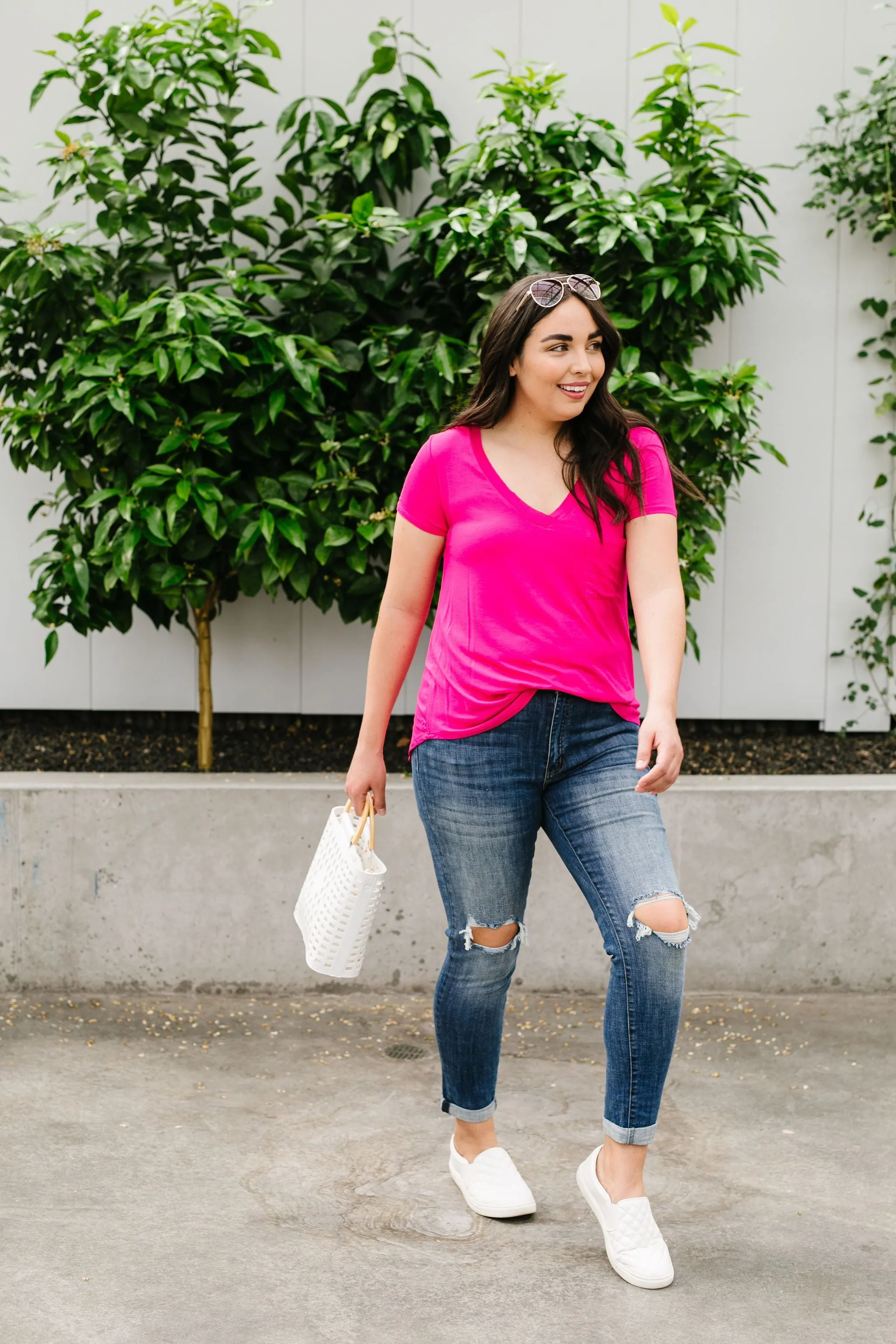 Everyday Yay V-Neck Tee In Fuchsia