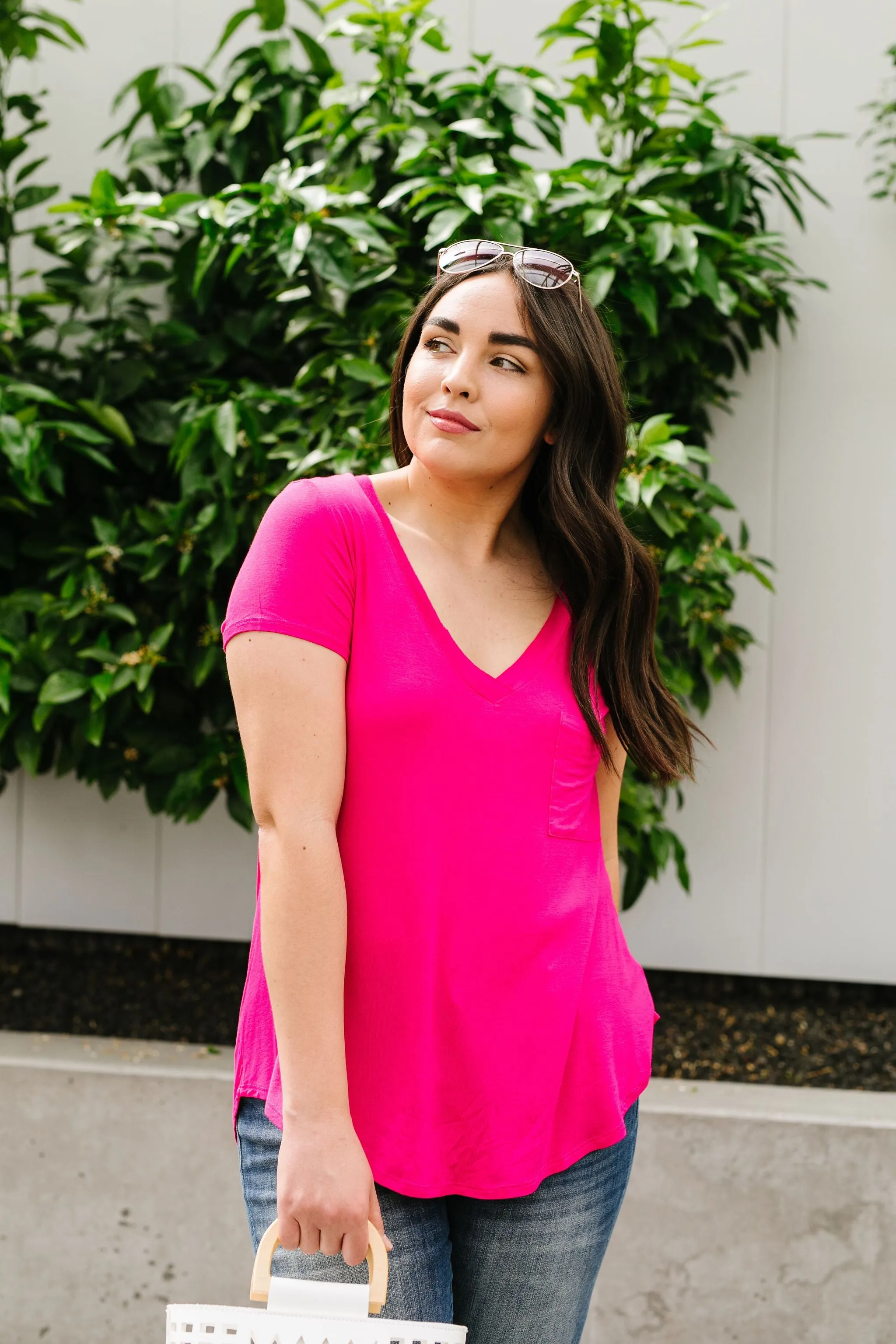 Everyday Yay V-Neck Tee In Fuchsia