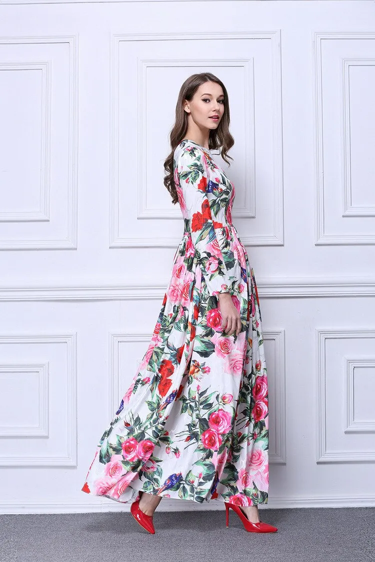 FashionSierra - Roses Printed Ruched Waist Elegant Long Dresses