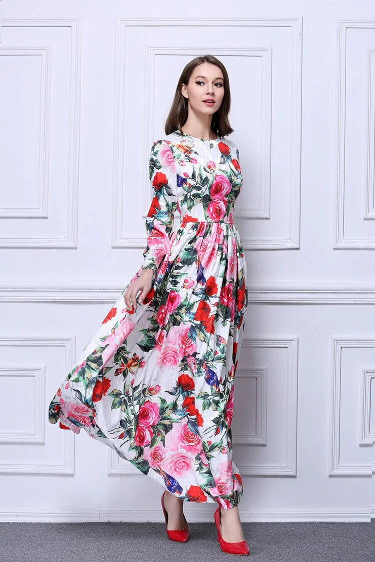 FashionSierra - Roses Printed Ruched Waist Elegant Long Dresses