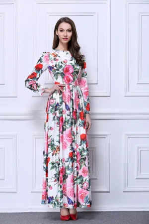 FashionSierra - Roses Printed Ruched Waist Elegant Long Dresses