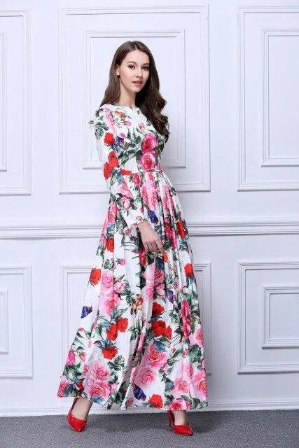 FashionSierra - Roses Printed Ruched Waist Elegant Long Dresses