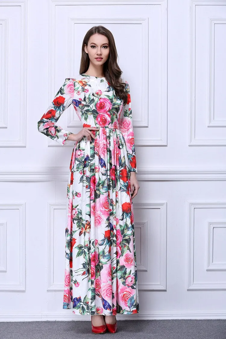 FashionSierra - Roses Printed Ruched Waist Elegant Long Dresses