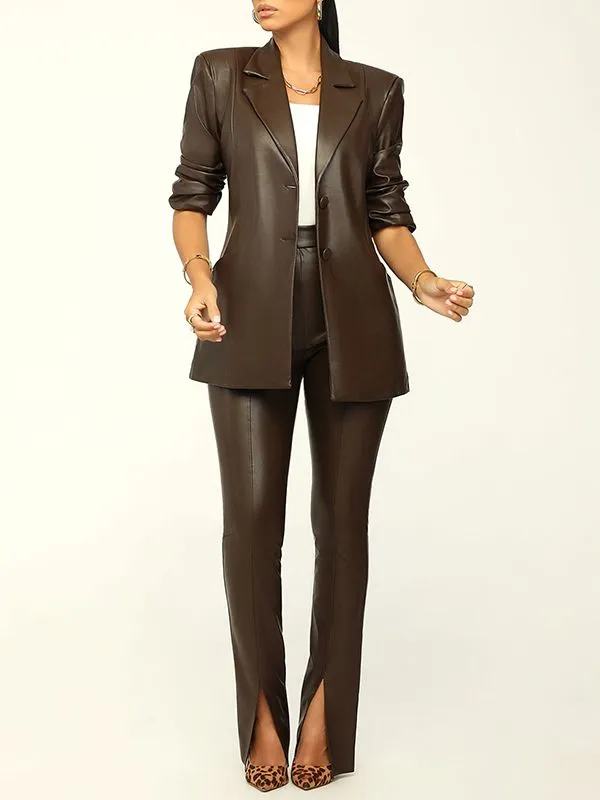 Faux Leather Blazer & Slit Pants Set--Clearance