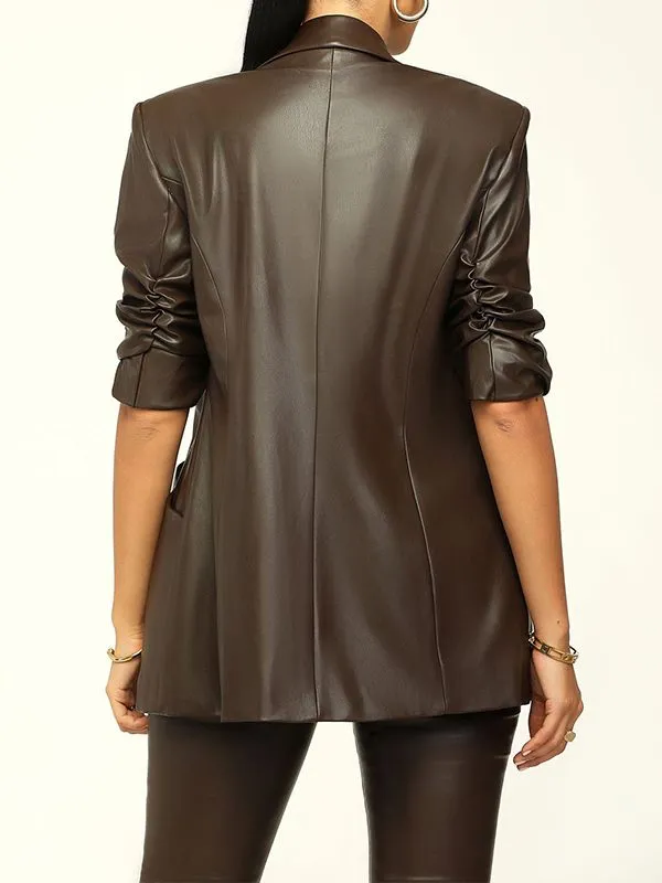 Faux Leather Blazer & Slit Pants Set--Clearance