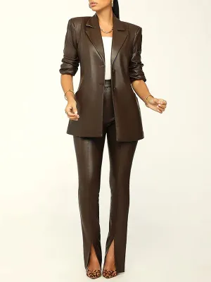 Faux Leather Blazer & Slit Pants Set--Clearance