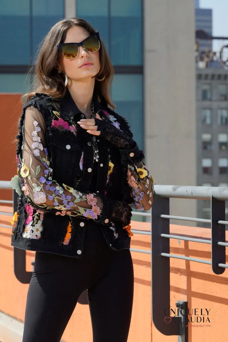 Fleur Embroidered Black Denim Jacket
