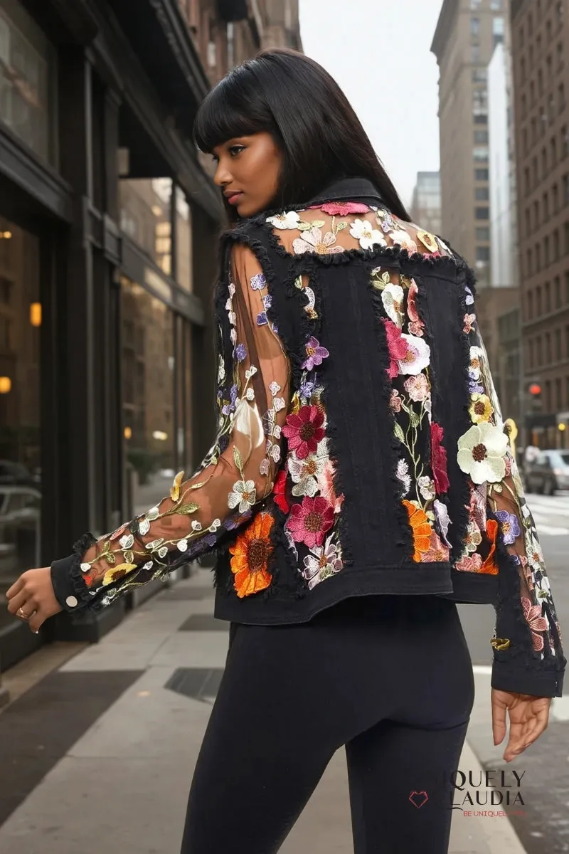 Fleur Embroidered Black Denim Jacket