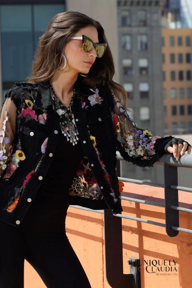 Fleur Embroidered Black Denim Jacket