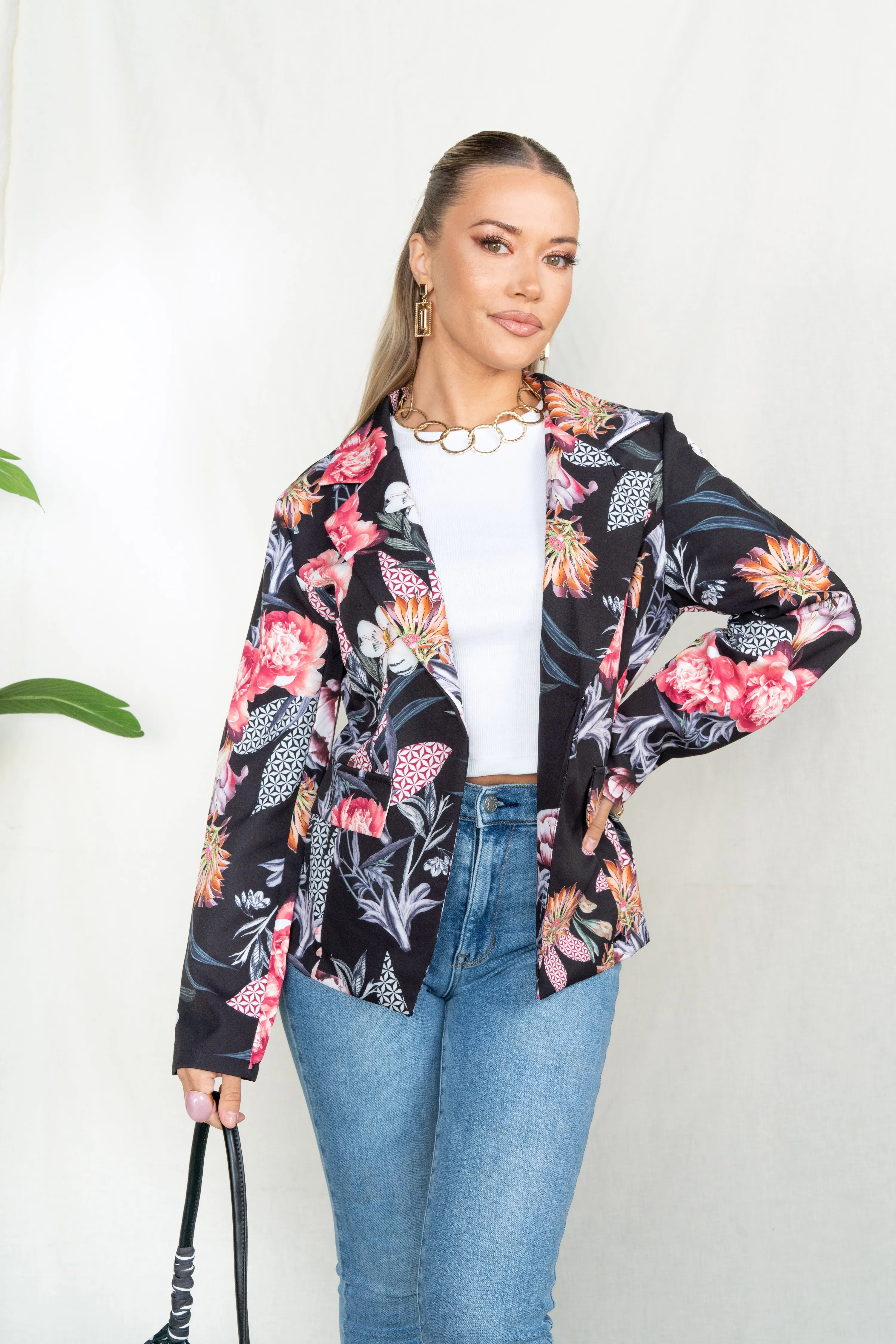 Floral Oriental Print Notch Collar Blazer