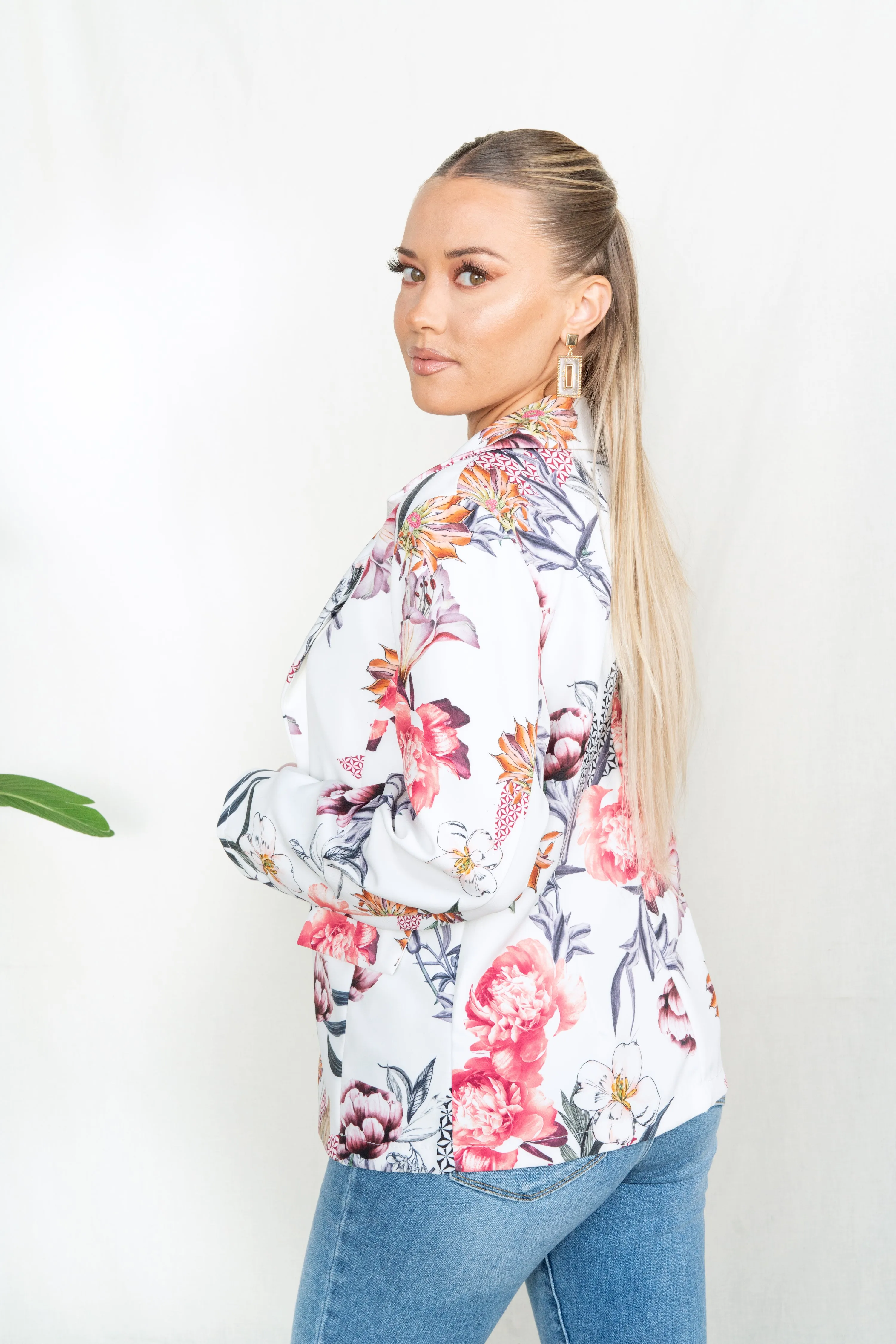 Floral Oriental Print Notch Collar Blazer