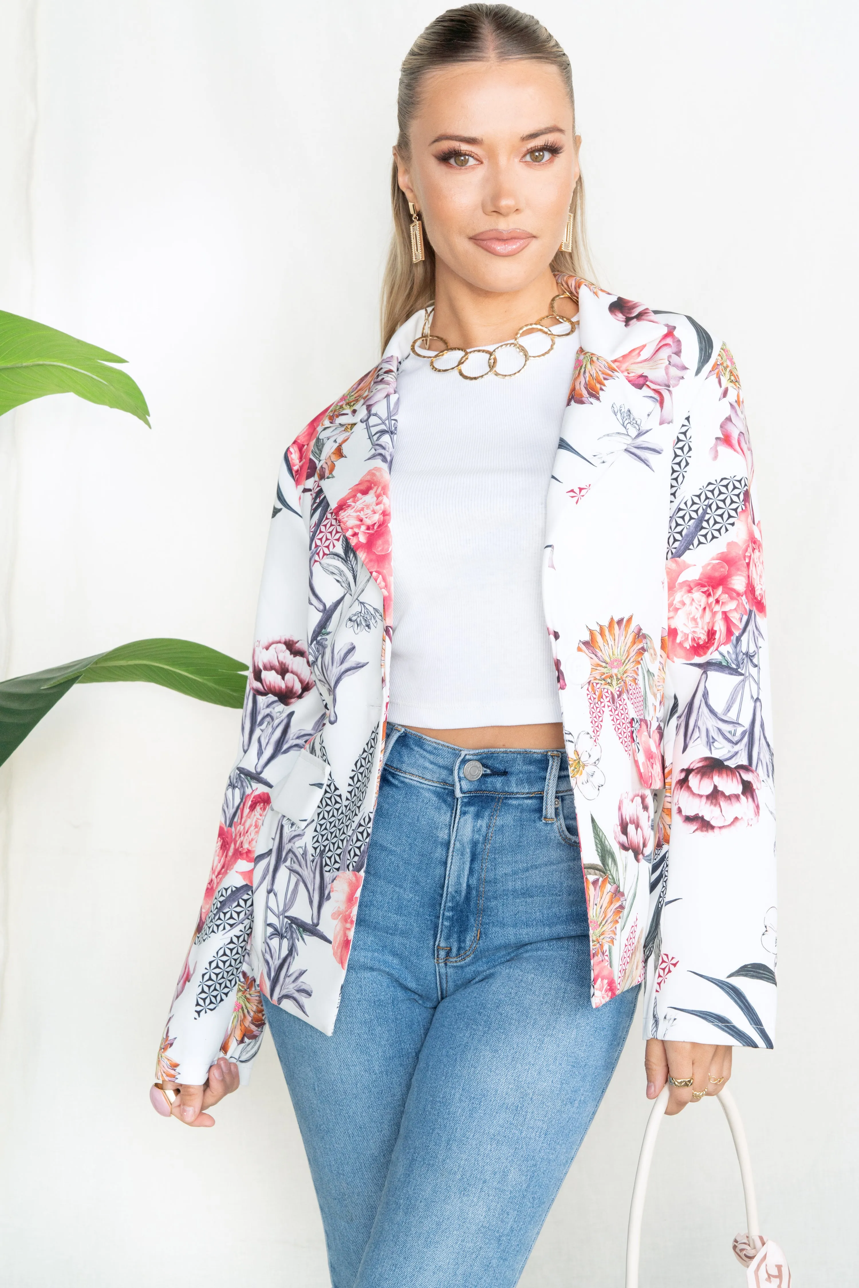 Floral Oriental Print Notch Collar Blazer