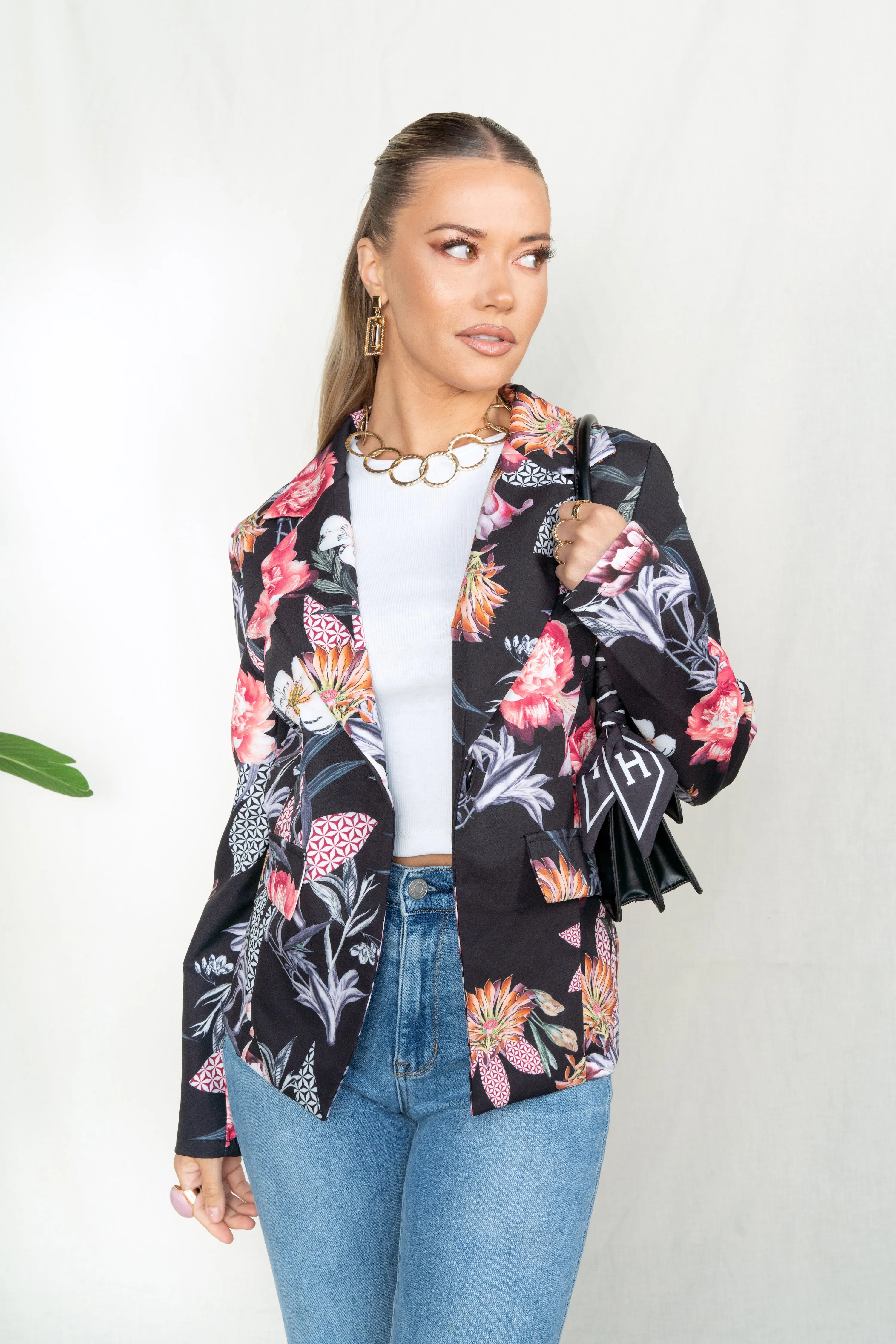 Floral Oriental Print Notch Collar Blazer