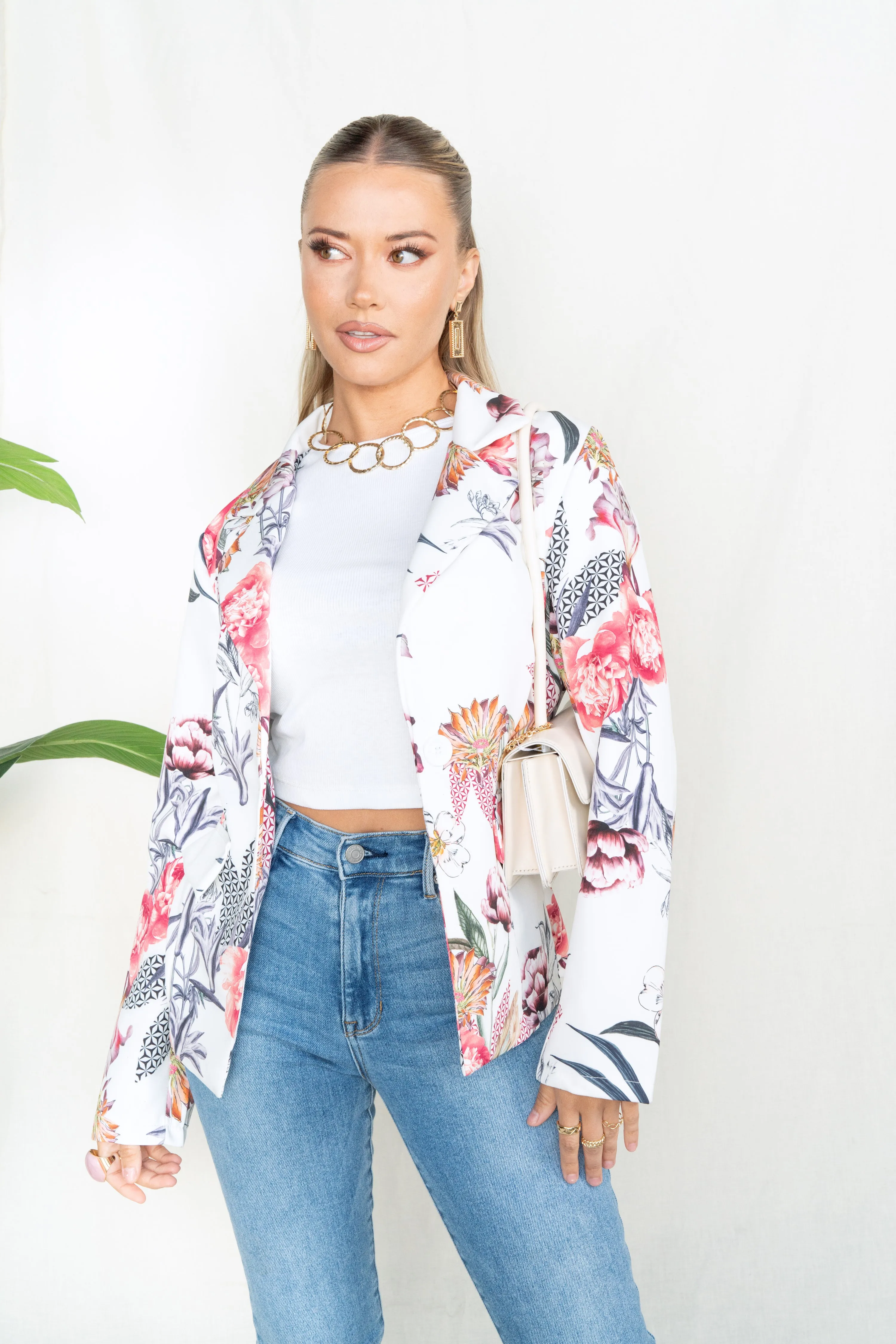 Floral Oriental Print Notch Collar Blazer
