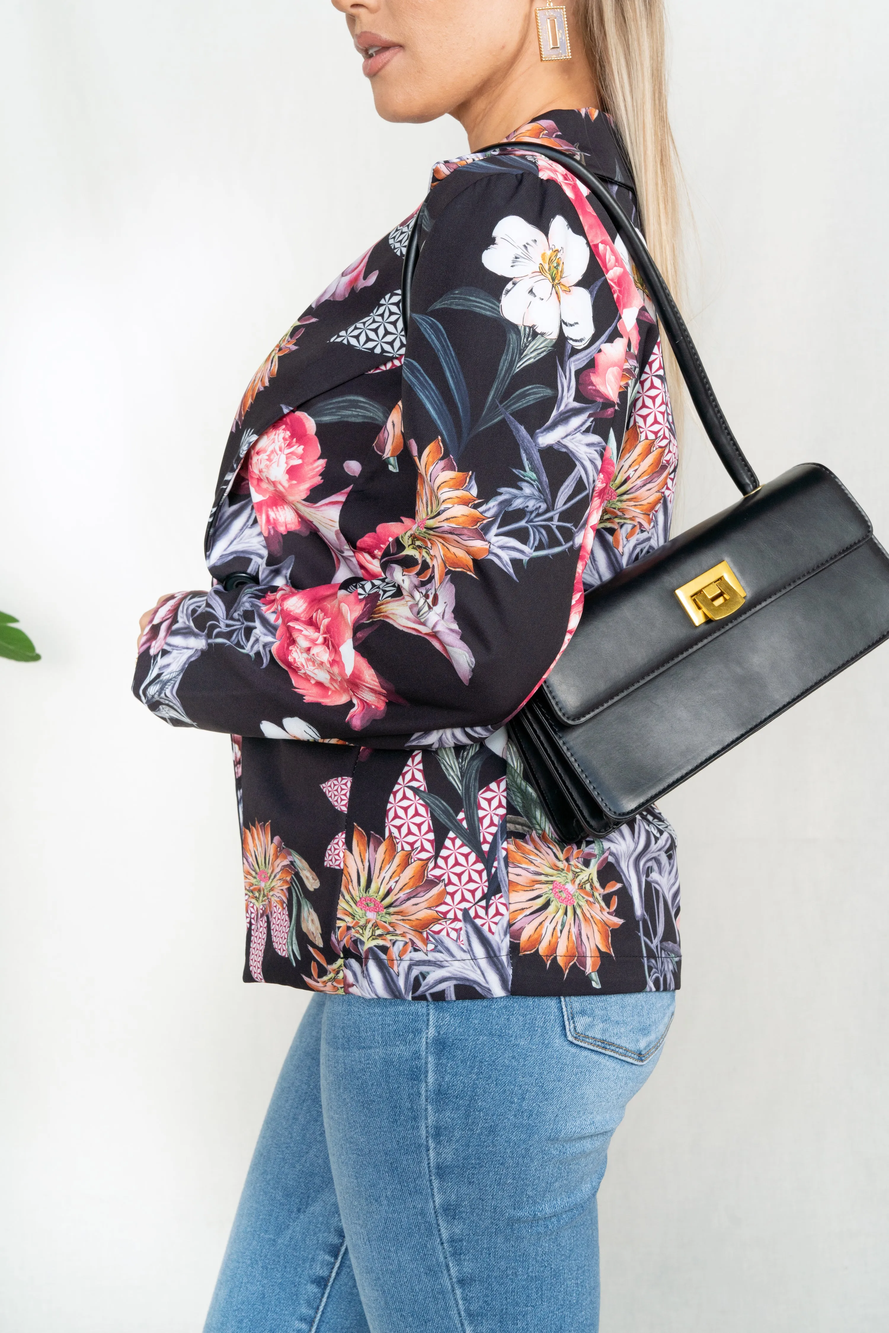 Floral Oriental Print Notch Collar Blazer
