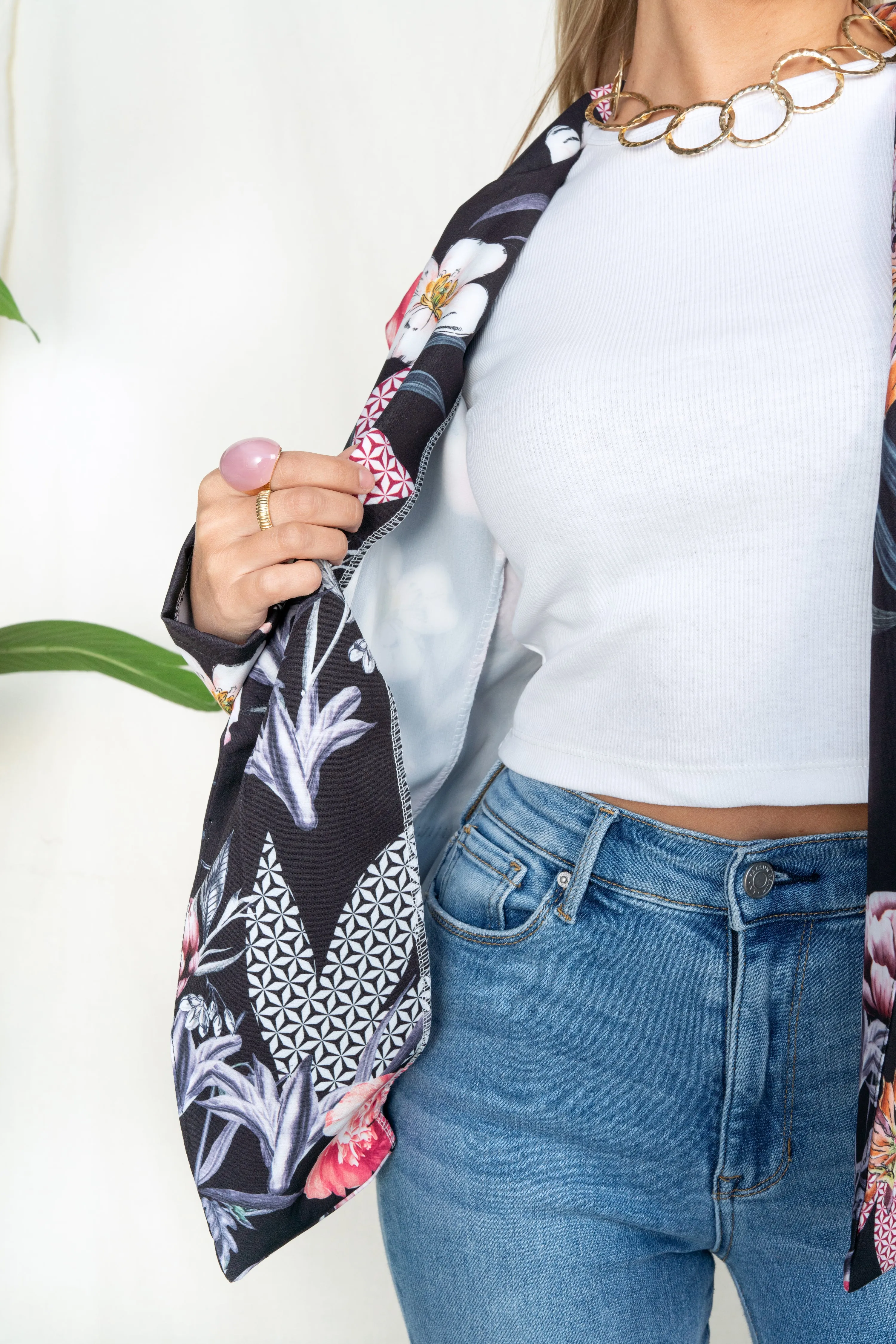 Floral Oriental Print Notch Collar Blazer