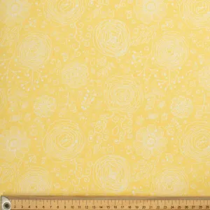 Flowers & Birds Cartoon Collection #07 White Floral on Yellow Cotton Prints