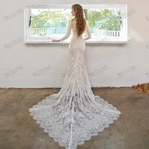Glamorous Elegant Full Sleeves Sexy Sheath Mermaid Bridal Wedding Dress