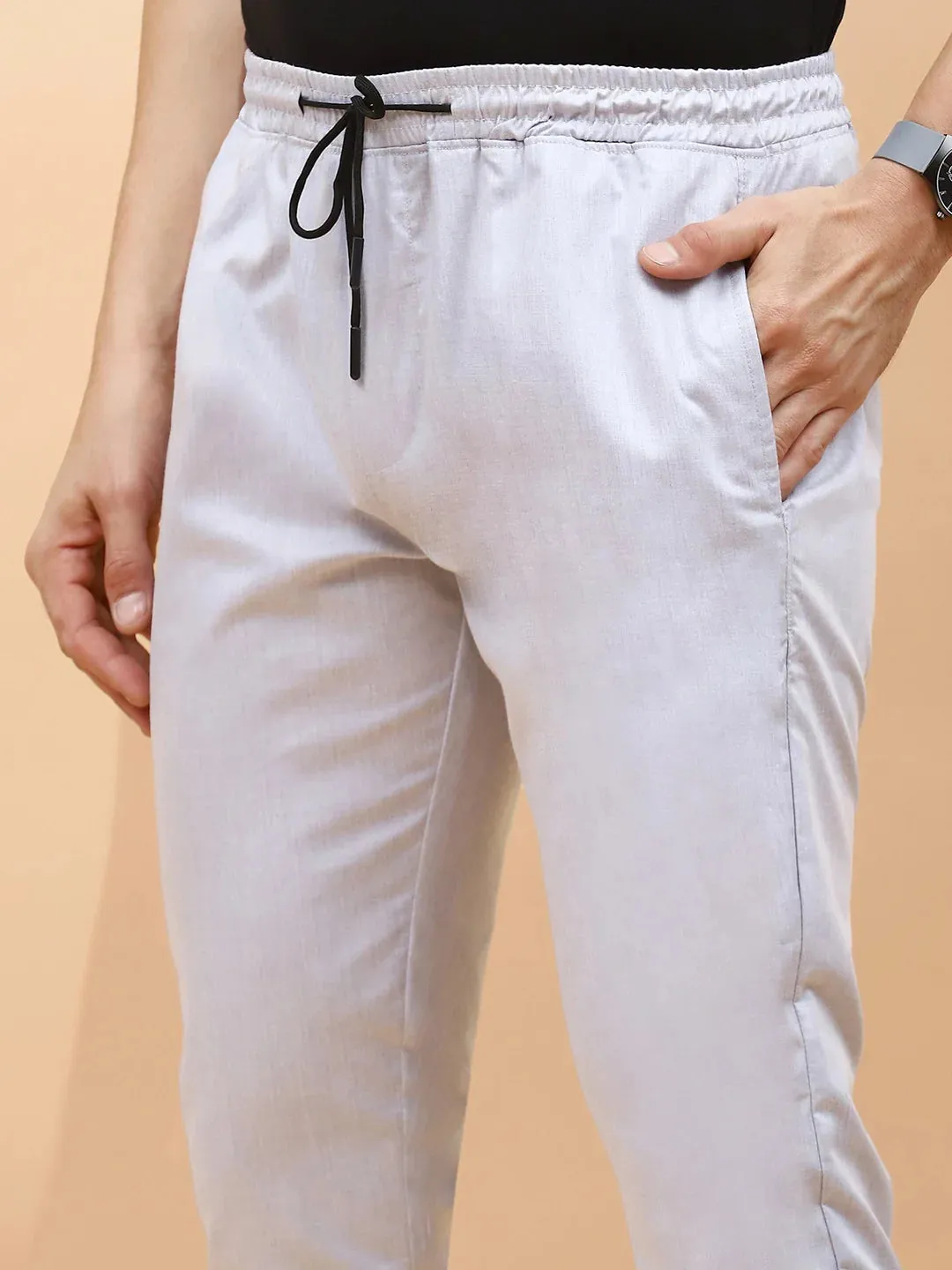 Grey Polyester Blend Regular Fit Lower For Men