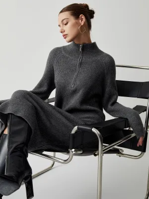 Half Zip Up Stand Modern Collar Midi Sweater Dress