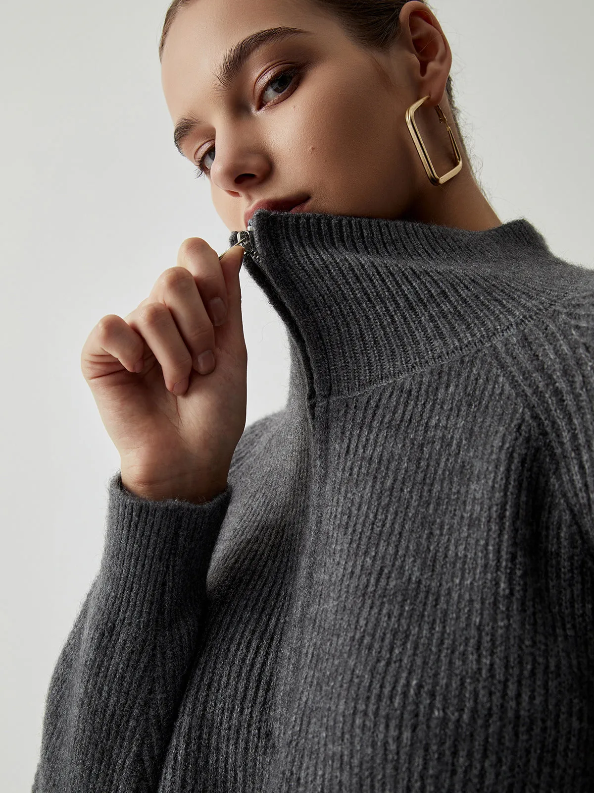 Half Zip Up Stand Modern Collar Midi Sweater Dress