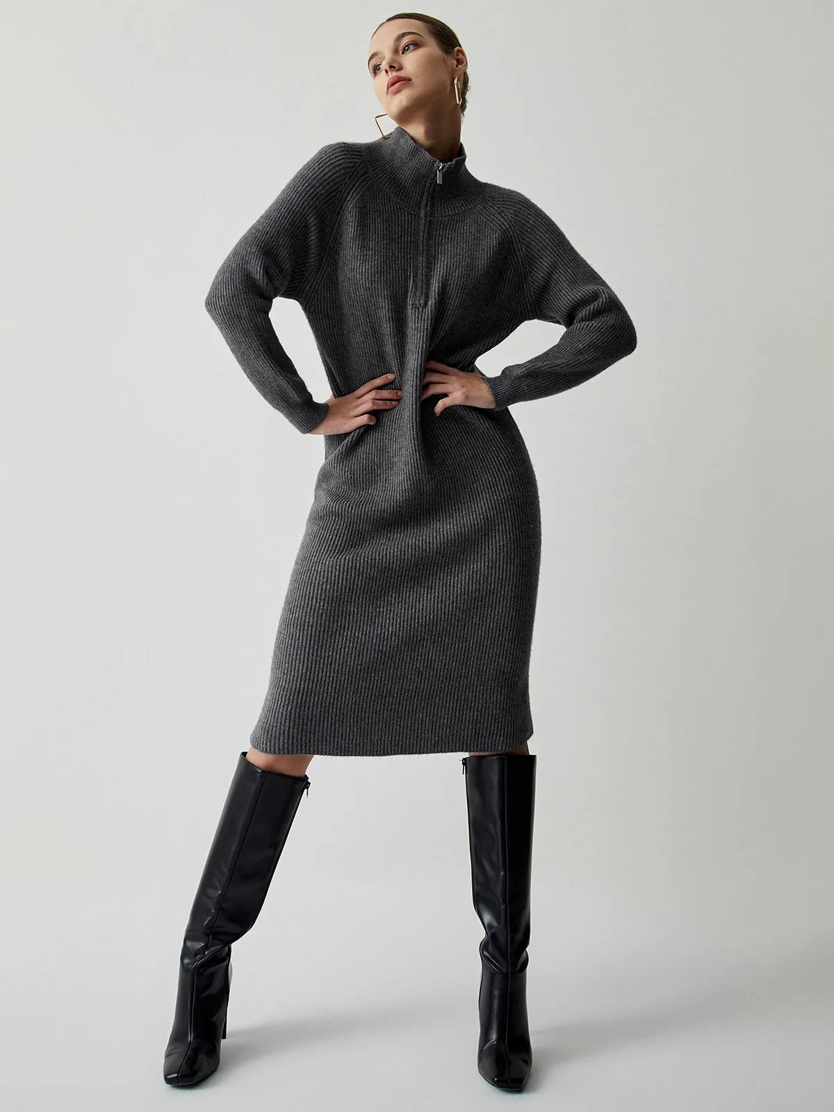 Half Zip Up Stand Modern Collar Midi Sweater Dress
