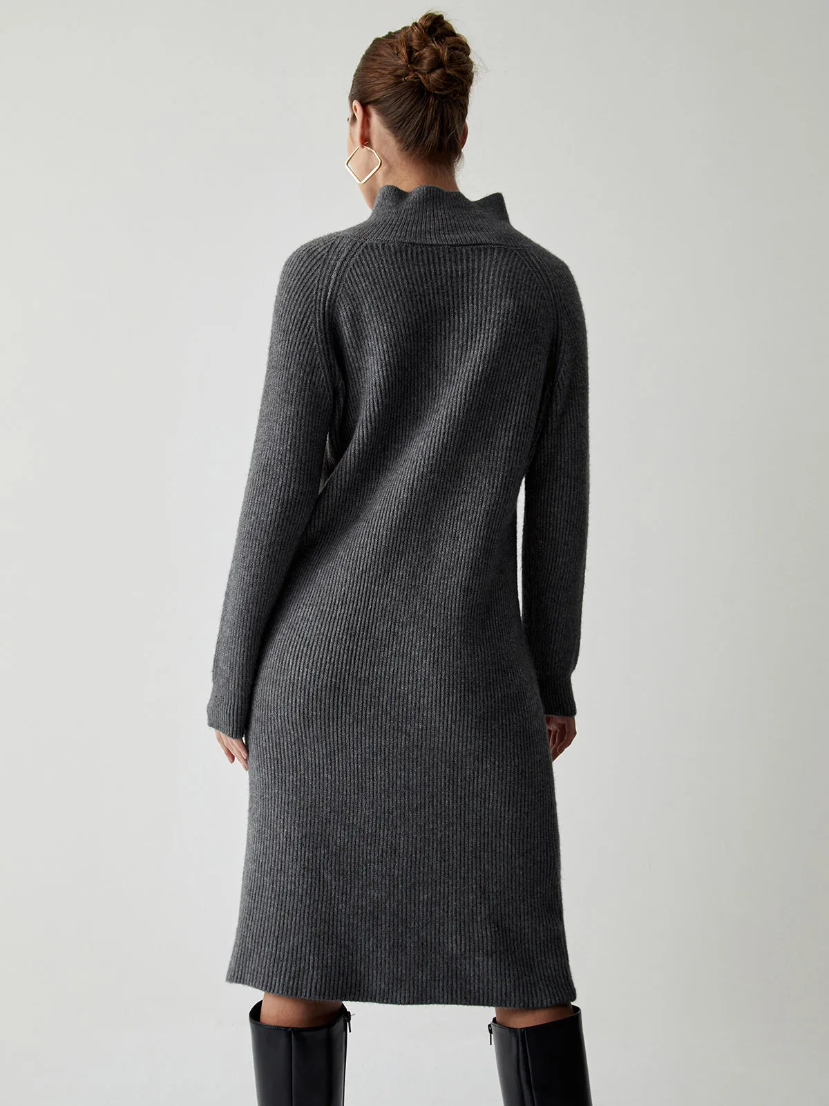 Half Zip Up Stand Modern Collar Midi Sweater Dress