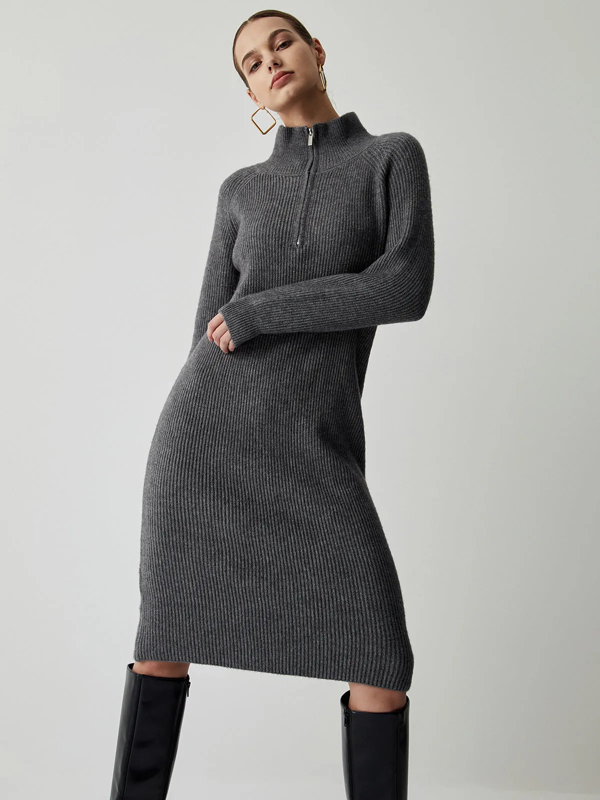 Half Zip Up Stand Modern Collar Midi Sweater Dress