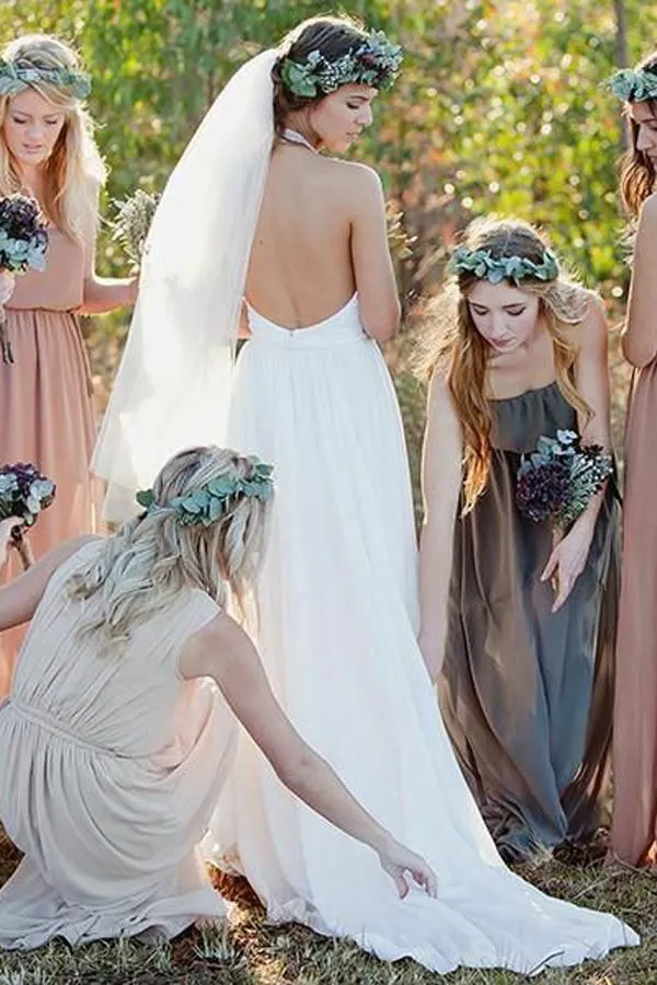 Halter Backless Sweep Train Chiffon Elegant Cheap Bridal Gown PFW0051