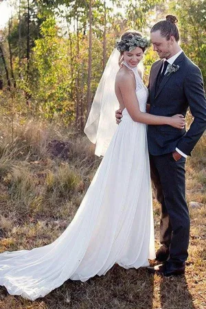 Halter Backless Sweep Train Chiffon Elegant Cheap Bridal Gown PFW0051