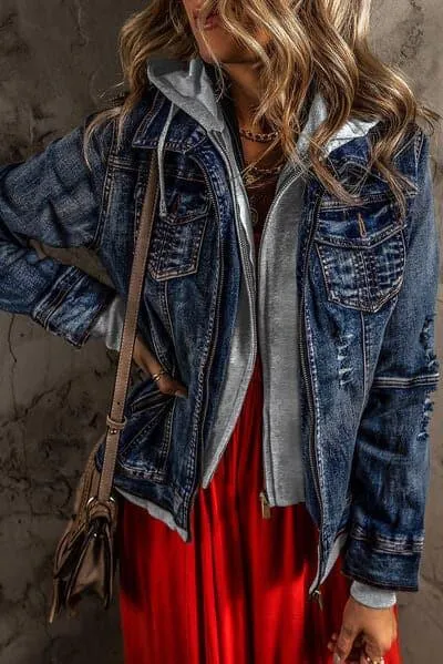Harlow Contrast Zip-Up Hooded Denim Jacket