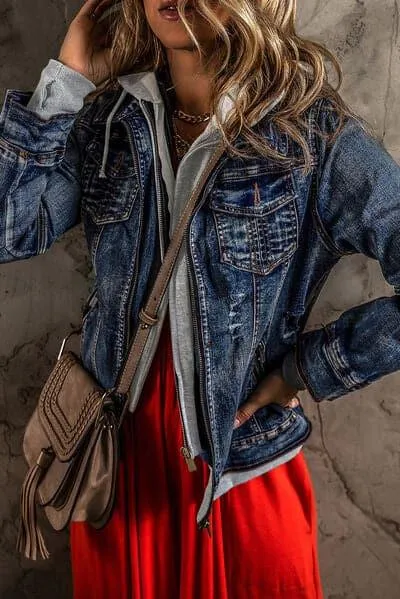 Harlow Contrast Zip-Up Hooded Denim Jacket