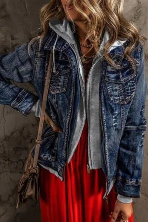 Harlow Contrast Zip-Up Hooded Denim Jacket