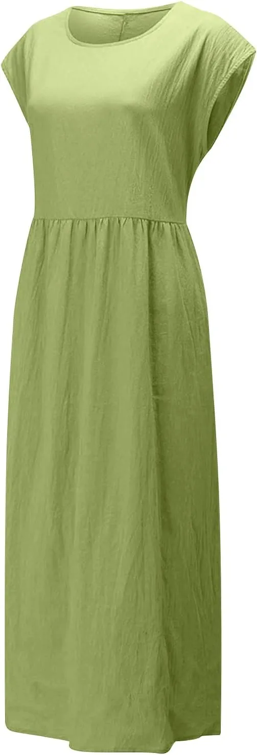 hlysgo Cotton Linen Dresses for Women 2025 Summer Short Sleeve Crew Neck Midi Dress Casual Loose Comfy Plus Size Beach Dress