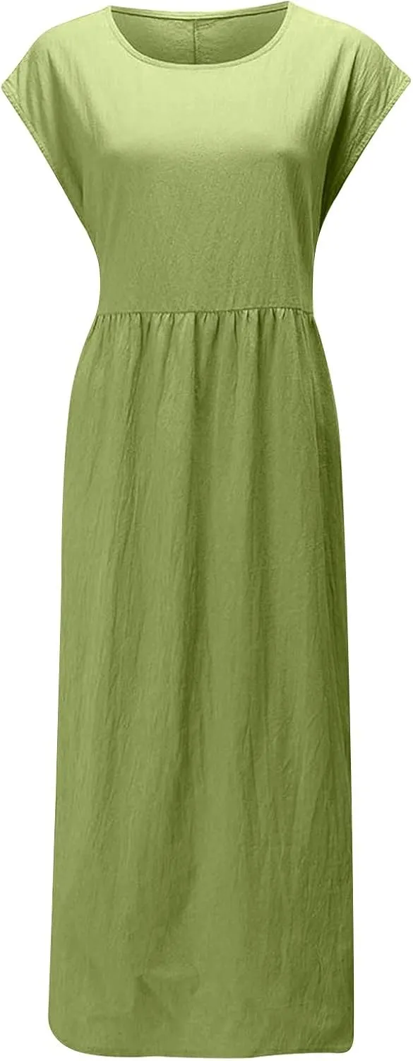 hlysgo Cotton Linen Dresses for Women 2025 Summer Short Sleeve Crew Neck Midi Dress Casual Loose Comfy Plus Size Beach Dress