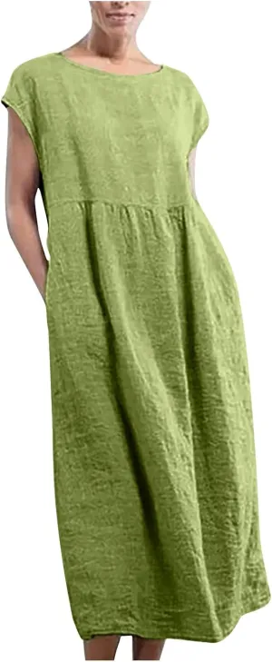 hlysgo Cotton Linen Dresses for Women 2025 Summer Short Sleeve Crew Neck Midi Dress Casual Loose Comfy Plus Size Beach Dress