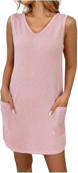 hlysgo Vacation Dress for Women Summer Sleeveless V Neck Beach Mini Sundress Casual Loose Fit Going Out Dresses with Pockets