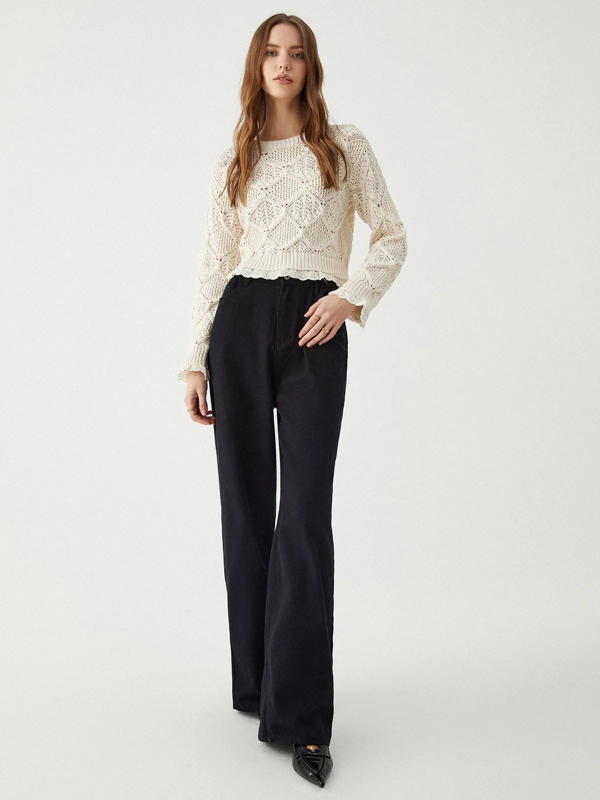 Jacquard Lace Graceful Hem Knit Top
