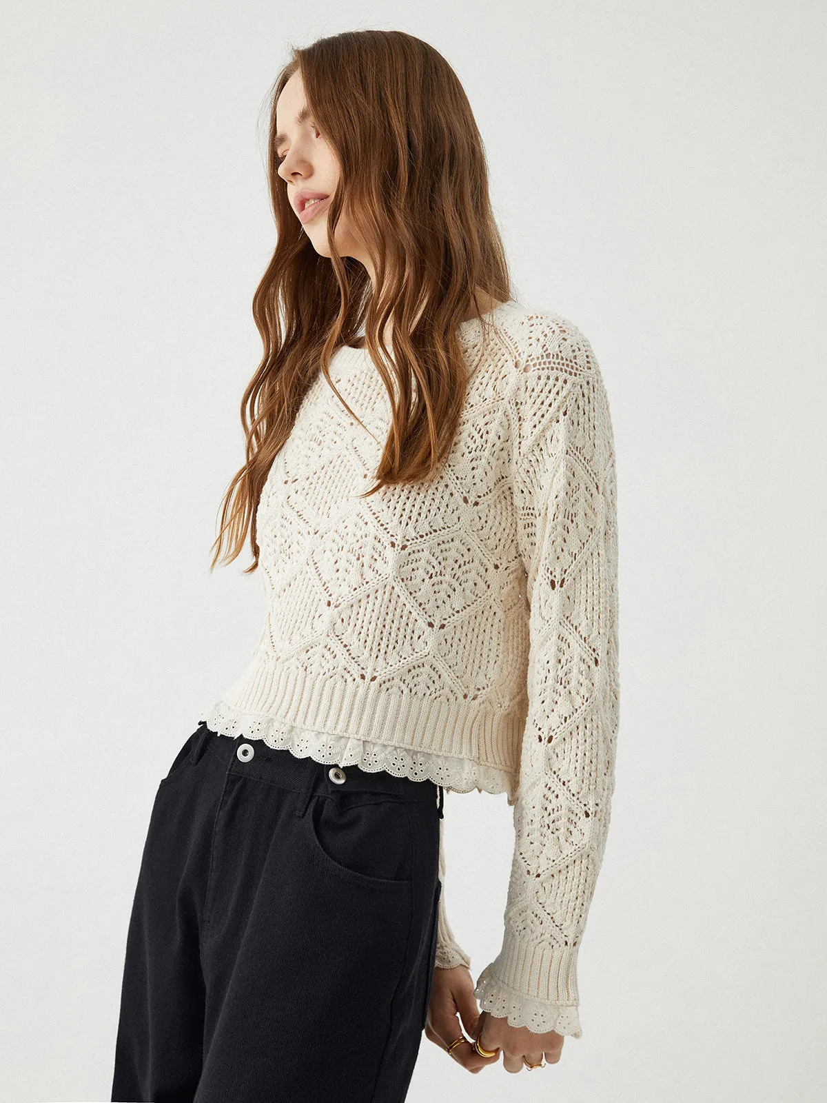 Jacquard Lace Graceful Hem Knit Top