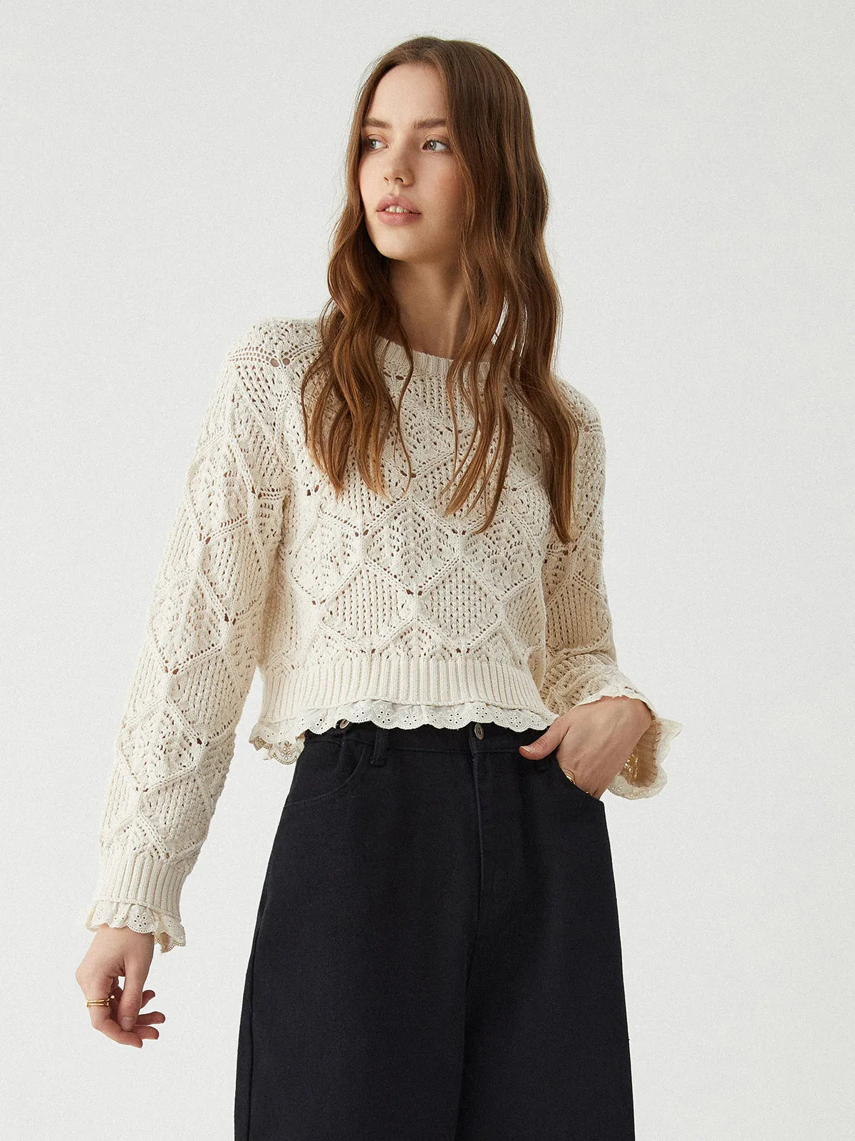 Jacquard Lace Graceful Hem Knit Top