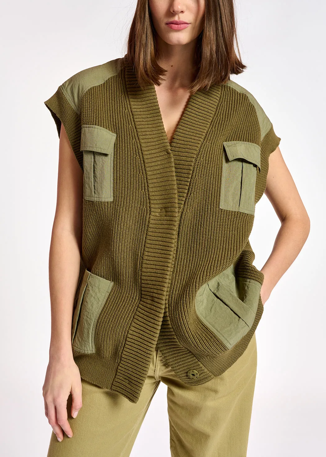 Khaki sleeveless utility-inspired cardigan