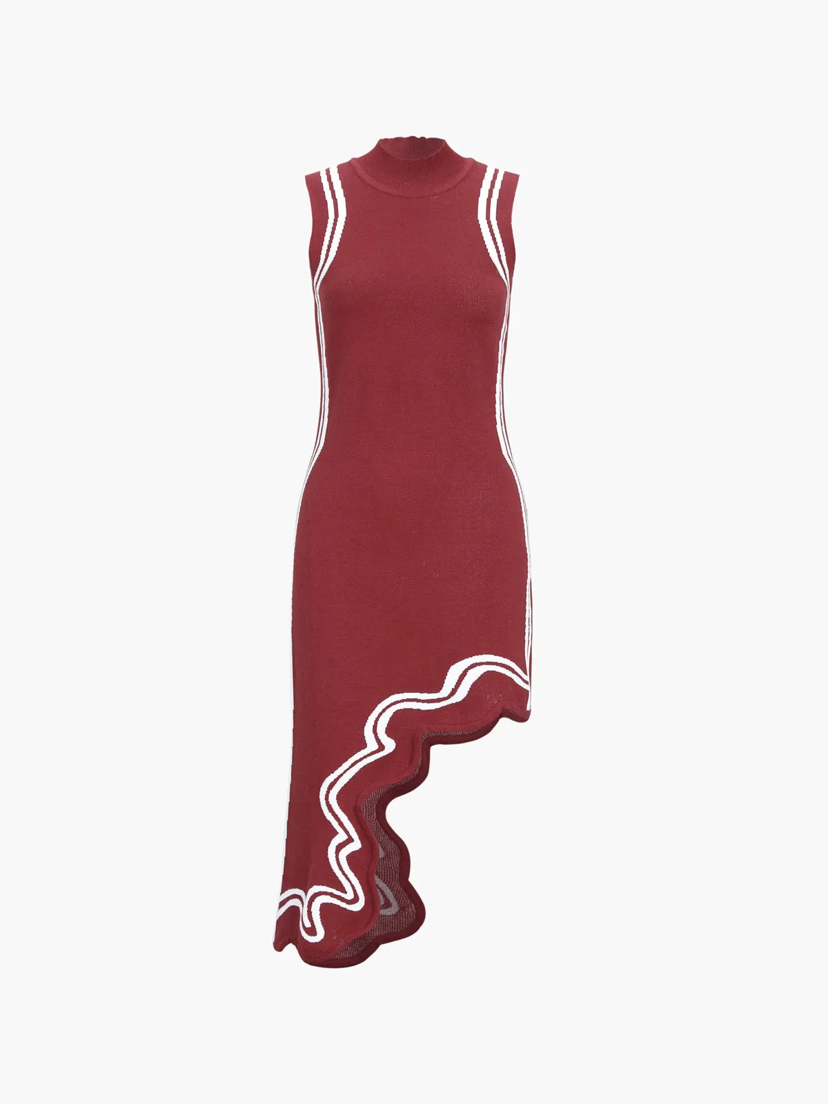 Knit Asymmetric Contrast Trim Modern Mock Neck Midi Dress