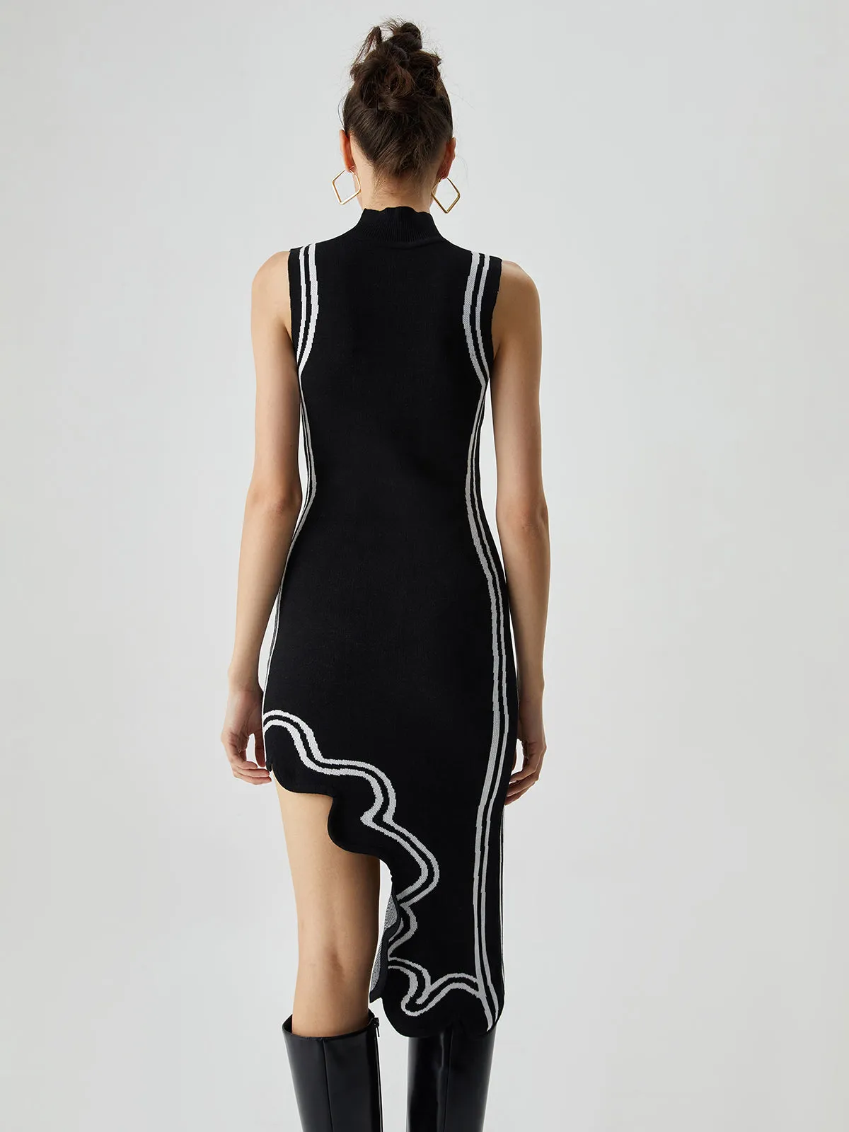 Knit Asymmetric Contrast Trim Modern Mock Neck Midi Dress