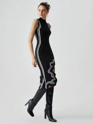 Knit Asymmetric Contrast Trim Modern Mock Neck Midi Dress