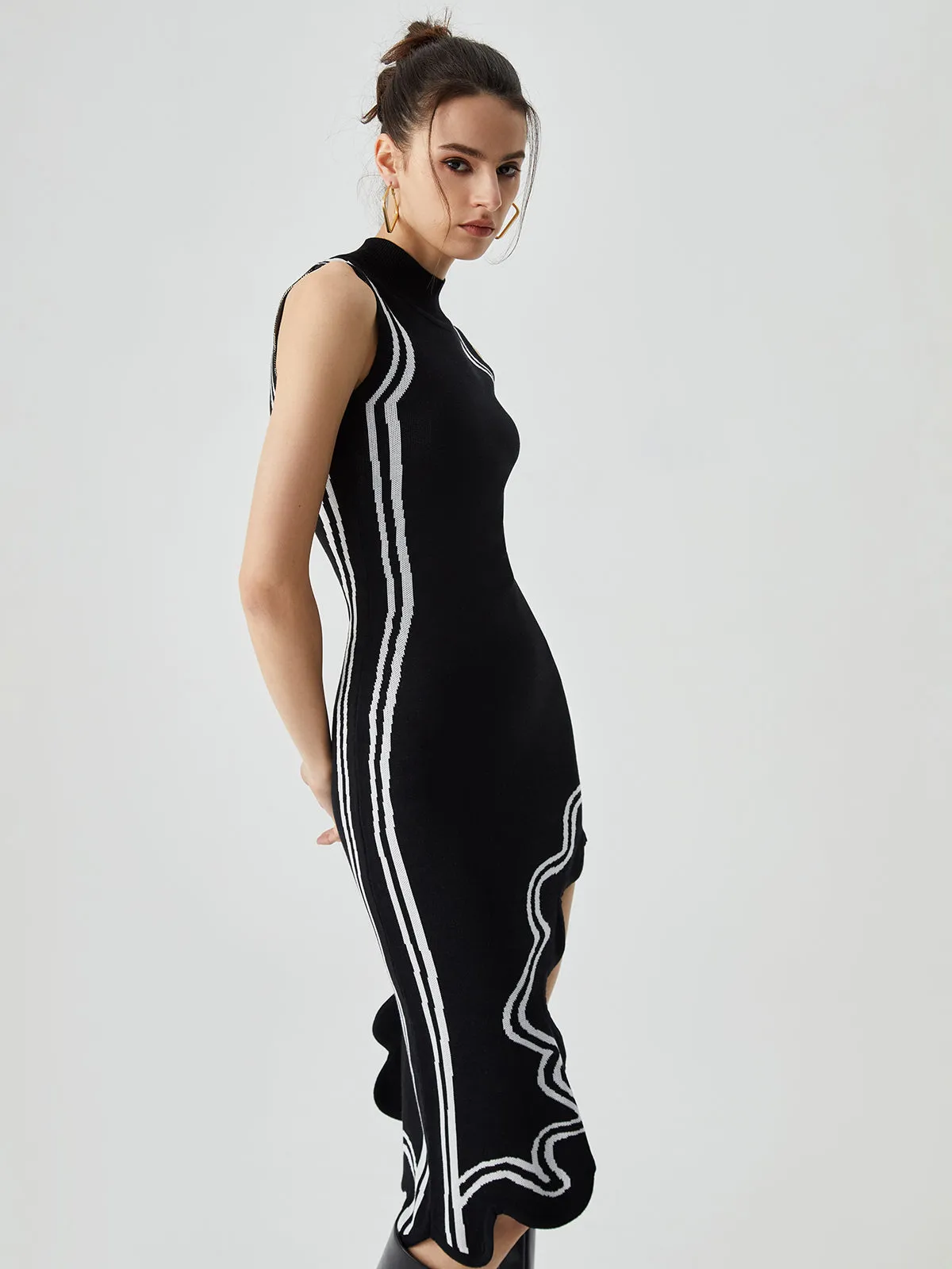 Knit Asymmetric Contrast Trim Modern Mock Neck Midi Dress